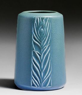 Rookwood Pottery #1902 Matte Blue Peacock Feather Vase 1921