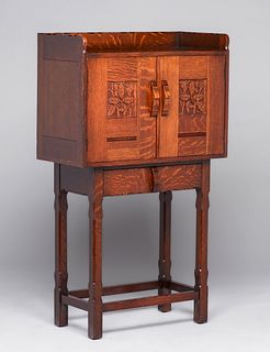 Arts & Crafts Carved Oak Two-Door Cabinet c1910s