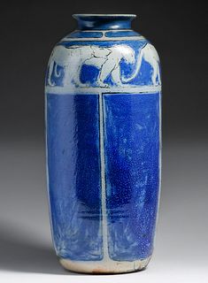 Russell Crook Tall Slat Glazed Lion Vase c1910