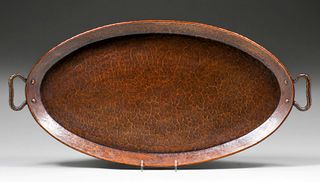 Gustav StickleyÂ Hammered Copper Two-Handled Oval Tray c1910