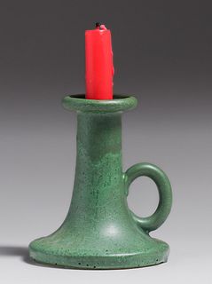 Hampshire Pottery Matte Green Loop Handle Candlestick c1910