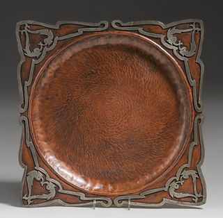 Arts & Crafts Hammered Copper & Silver Overlay Tray c1910