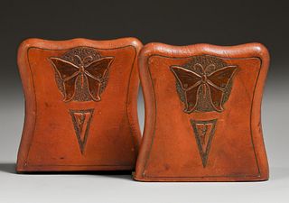 Cordova Shops - Buffalo, NY attributed Hand-Tooled Leather Butterfly Bookends c1910