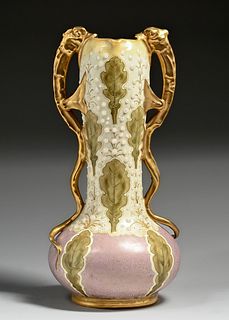 Tall Amphora Pottery Two-Handled Jeweled Vase c1900