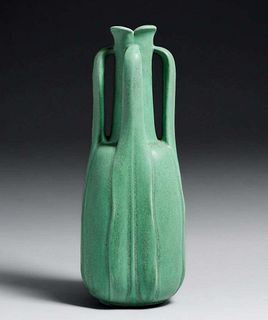 Teco Pottery Matte Green Four-Handle Art Nouveau Vase c1910