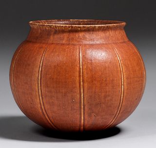Grueby Pottery Eva Russell Matte Brown Spherical Vase c1905
