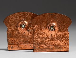 California Arts & Crafts Hammered Copper & Abalone Bookends c1910