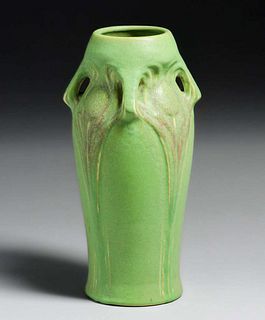 Large Early Van Briggle Matte Green #229 Peacock Feather Four-Handle Vase 1903