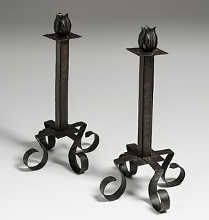 Arts & Crafts Hammered Copper Strap-Form Candlesticks c1910