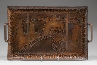 Early Craftsman Studios - Brooklyn Hammered Copper Acid-Etched Two-Handled Tray c1917-1920