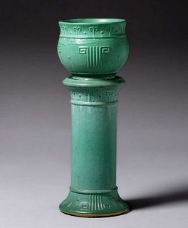 Zanesville Stoneware Matte Green Jardiniere & Pedestal c1910