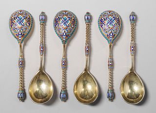 Gustav Klingert Russian Imperial Silver & Enamel Set of 6 Spoons 1887