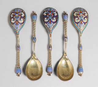 Gustav Klingert Russian Imperial Silver & Enamel Set of 5 Spoons 1887