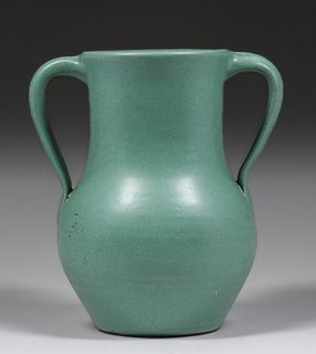 Zanesville Stoneware #517 Matte Green Two-Handled Vase c1910s