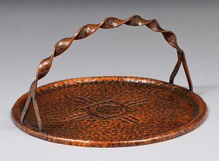Arts & Crafts Hammered Copper Twist Handle Tray c1910