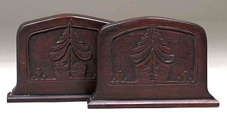 Pair Arts & Crafts Carved Walnut Pine Tree Bookends c1910