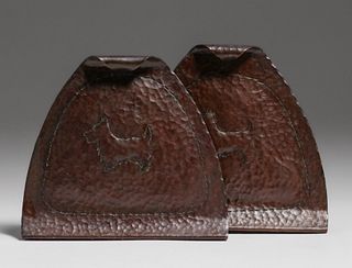 Arts & Crafts Hammered Copper English Terrier Bookends c1910s