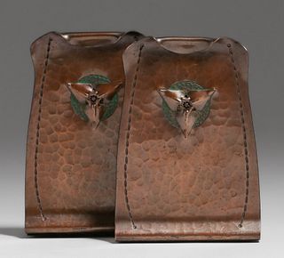Roycroft Hammered Copper Trifoil Bookends c1920s