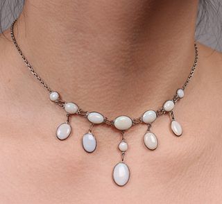 Arts & Crafts Period Australian Opal Sterling Silver Festoon Necklace c1910s