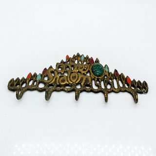 Vintage Bronze Metal Hebrew Shalom Gemstone Key Rack