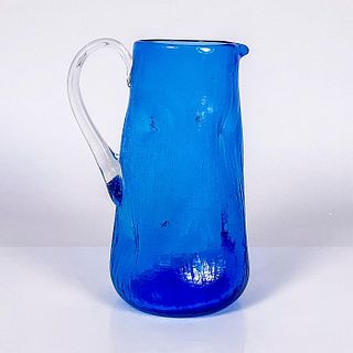 Mid Century Modern Handmade Art Glass Pitcher, Blue Crackle