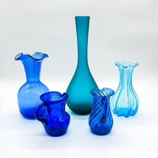 5pc Vintage Blue Glassware Vases & Pitchers Variety Set