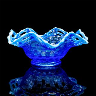 Vintage Fenton Glass Bon Bon Bowl, Basketweave Blue
