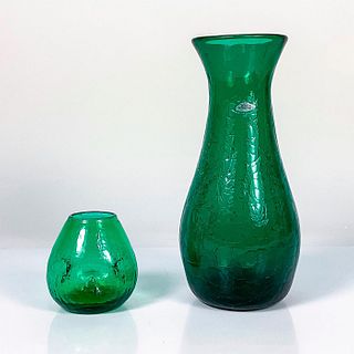 2pc Blenko Glass Handcrafted Vases, Crackled Emerald Green