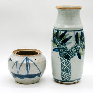Pair of Vintage Stoneware Gray and Blue Salt Glazed Vases
