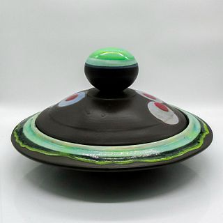 Vintage Avocado Tone Hand Painted Matte Lidded Ceramic Bowl