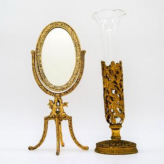 2pc Antique Gilded Filigree Mirror and Vase