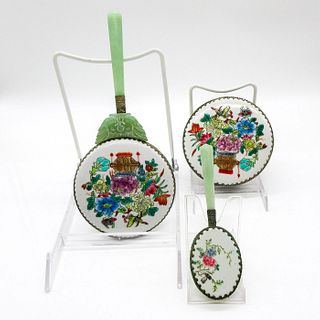 3pc Vintage Chinese Floral Mirror & Powder Puff Set