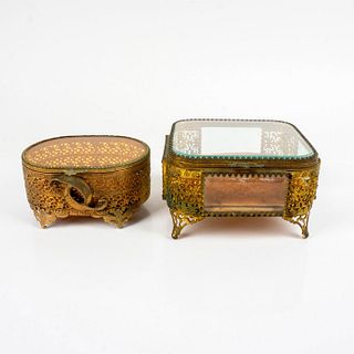 2pc Antique French Ormolu Gold Gilt Filigree Vanity Boxes