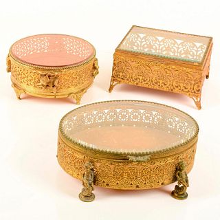 3pc Antique French Ormolu Gold Gilt Filigree Jewelry Boxes
