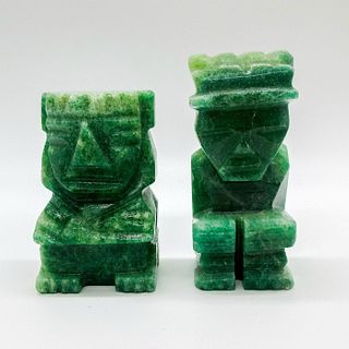 Pair of Small Jade Carved Aztec Theme Figurines