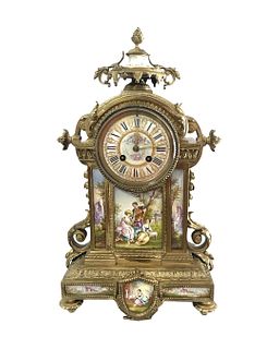 Antique French Sevres Style Hand Painted Porcelain and Bronze Clock