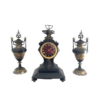Antique 19th Century French Marble and Metal Garniture Clock Set 