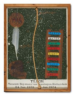 Joe Tilson Tools of the Shaman. 1973/74. Assemblage mit Seil und Feder über Farbsiebdruck. Sichtmaß 73 x 53,5 cm. Signiert und nummeriert. Unter Glas 