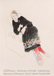 David Hockney Celia in einem schwarzen Kleid und roten Strümpfen. 1981. Farboffsetlithographie auf glattem Velin. 60 x 54 (88,5 x 63 cm). Mit Gelegenh
