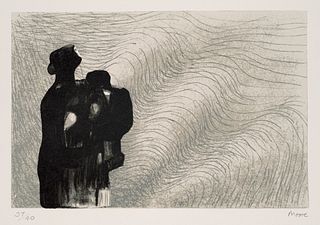 Henry Moore Mother and child with wave background III. 1976. Lithographie auf chamoisfarbenem T H Saunders Bütten. 17,5 x 26,3 cm (41 x 53,3 cm). Sign