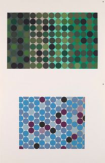 Josef Albers 2 Farbserigraphien aus: Interaction of Color (Die Wechselbeziehungen der Farbe). 1973. Zusammen auf 1 Doppelblatt aus Vélinkarton. Blattm
