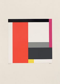 Walter Dexel Komposition mit rotem Balken. 1971. Farbserigraphie auf Vélin. 33 x 33,2 cm (68 x 53 cm). Signiert und nummeriert. Punktuell unter Passep