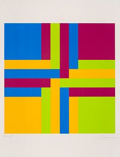 Richard Paul Lohse Vier verschränkte Farbgruppen. 1973. Farbserigraphie auf glattem Velin. 44,8 x 44,8 cm (65 x 50 cm). Signiert und nummeriert. - Pun