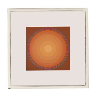 Lothar Quinte Quasar-Orange. 1974. Farbserigraphie auf leichtem Karton. 18 x 18 cm (18 x 18 cm). Signiert. Freistehend und hochwertig unter Glas im ha