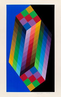 Victor Vasarely Torony. 1988. Farbserigraphie auf chamoisfarbenem Velin. 90 x 49,5 cm (101 x 65 cm). Signiert, nummeriert und mit Bezeichnung "F. V." 