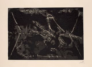 Antoni Tàpies Matière et graffiti. 1969. Aquatinta und Carborundum auf chamoisfarbenem Chiffon de Mandeure (mit dem Wasserzeichen). 34,5 x 50 cm (58 x