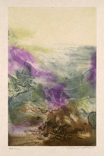Zao Wou-Ki o.T. aus: Canto Pisan de Ezra Pound. 1972. Farbradierung und -aquatinta festem Japon nacré (Dooppelbogen). 40,9 x 26 cm (51,8 x 33,6 cm). S