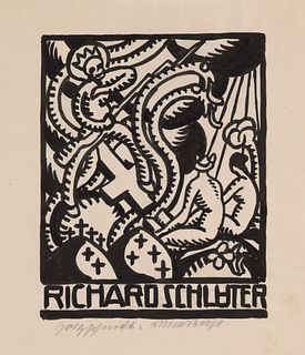 Bruno Beye Sammlung von sechs Arbeiten zu drei Exlibris-Entwürfen für Richard Schlüter. Um 1918. Verschiedene Techniken: vier handkolorierte Linolschn