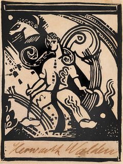 Heinrich Campendonk Exlibris für Herwarth Walden (Sturm-Exlibris). (1915). Holzschnitt auf Japan. Handabzug mit handschriftlichem Namenszug in Tinte. 