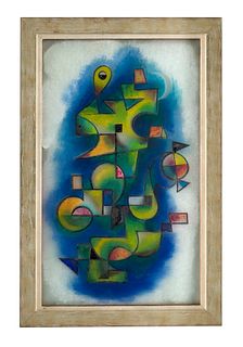 Willi Hertlein o.T. (Komposition mit abstrahierten Formen). 1955. Hinterglasmalerei. 65 x 40 cm. Monogrammiert und datiert. Gerahmt. - Punktuell mit k